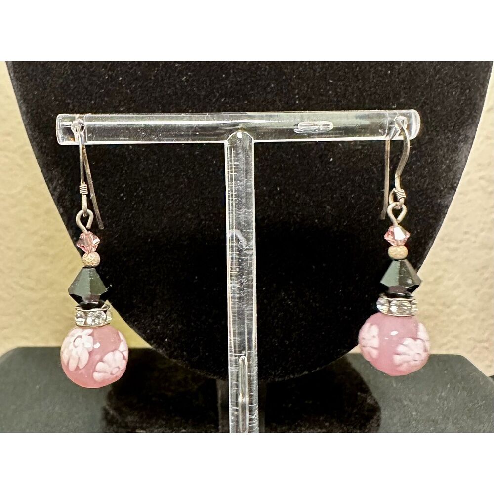 Pink Floral Lampwork Glass Drop Earrings Black Crystal Rhinestone Fish Hook
